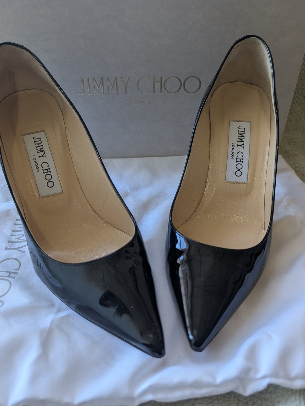 Jimmy Choo Patent Leather Heels Size 37.5 With Box And (2) Dust Bag EUC